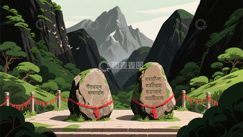 高清大图下载【趣麦麦图】-山间双石碑插画场景941