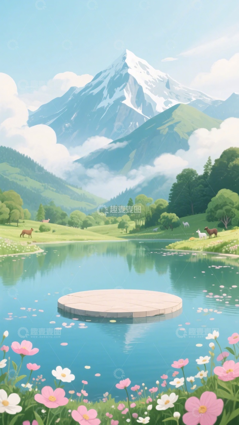 高清大图下载【趣麦麦图】-梦幻山间湖泊美景插画745