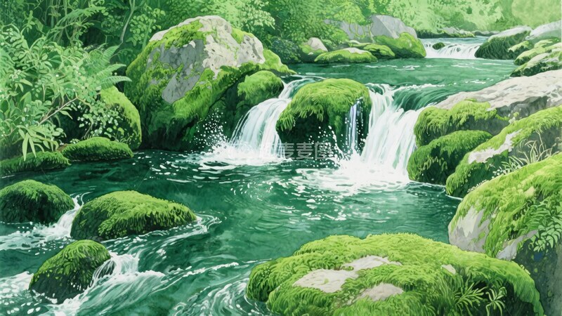 高清大图下载【趣麦麦图】-山间青苔覆盖的溪流美景113