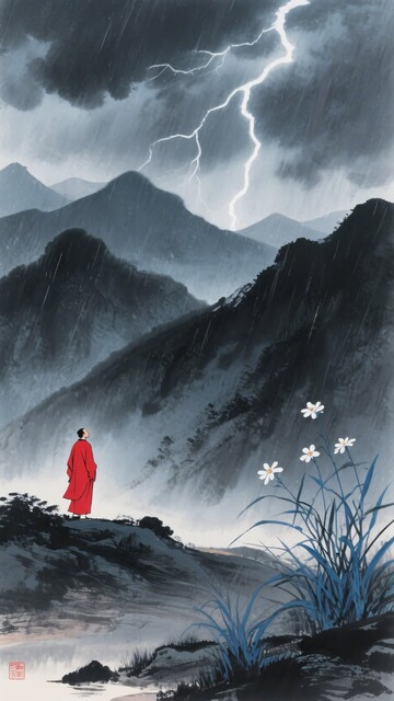 红衣人于雷雨山间伫立579