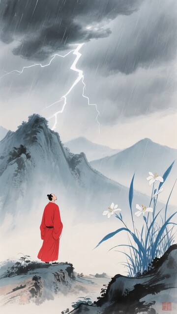 红衣人立于山间雷雨中113