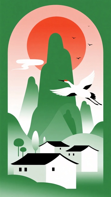 山水间的白鹤与村落插画213
