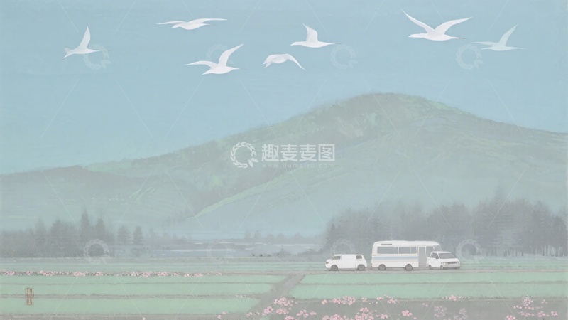 高清大图下载【趣麦麦图】-田野飞鸟与车辆风景图056
