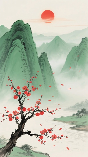红梅映山景红日悬天际965