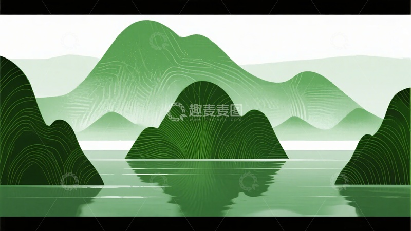 高清大图下载【趣麦麦图】水墨风绿色山水插画574