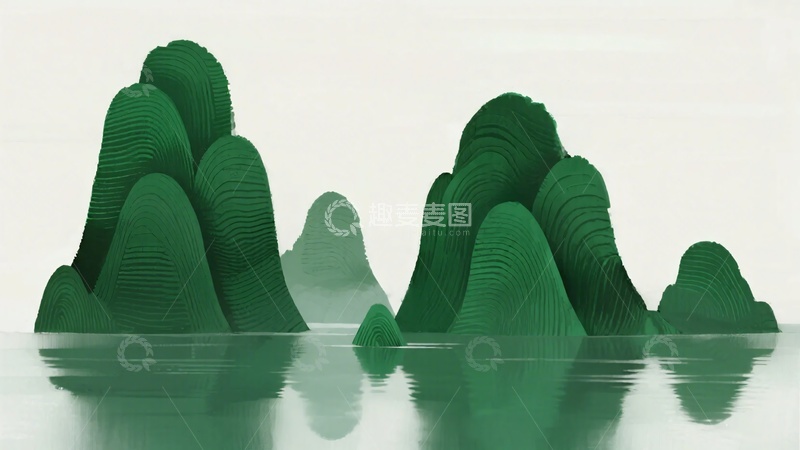 高清大图下载【趣麦麦图】-绿色山水插画风景图924