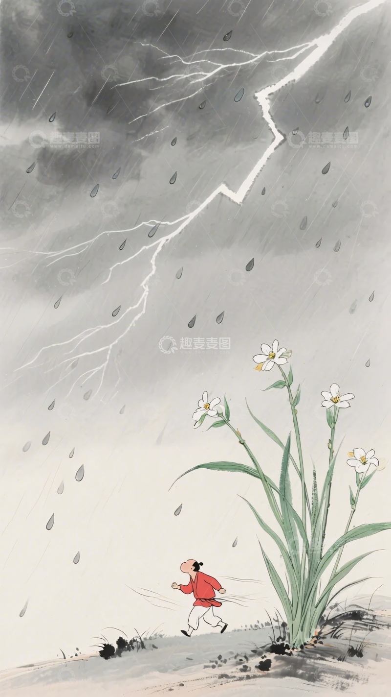 高清大图下载【趣麦麦图】雨中奔跑的红衣人物与白花527