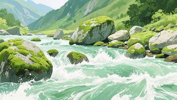 山间溪流与覆青苔巨石景观714