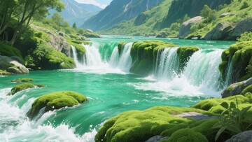 山间翠绿瀑布溪流美景480