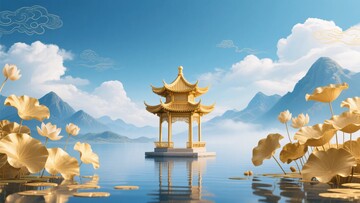 金色湖畔亭台山水风景图381