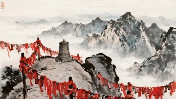 山间塔旁飘满红绸的景致859