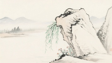 水墨山水间的岩石垂柳景致765