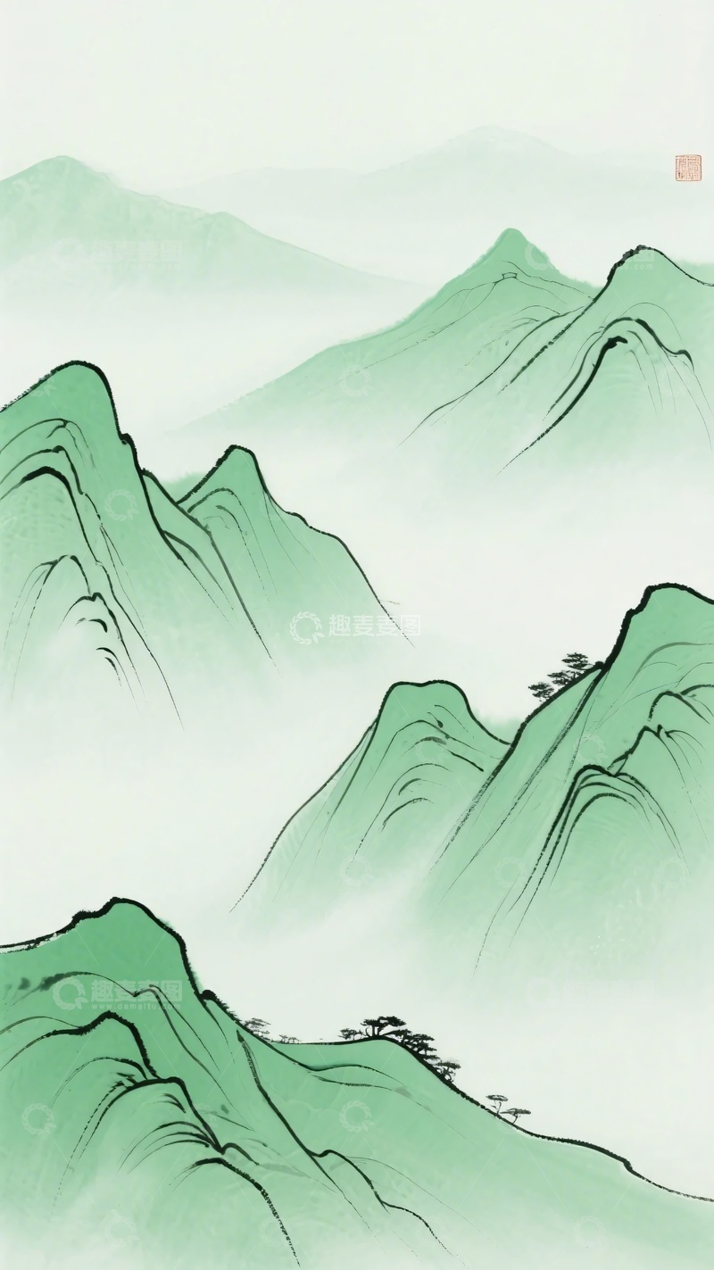 高清大图下载【趣麦麦图】-水墨风格青绿山峦插画667