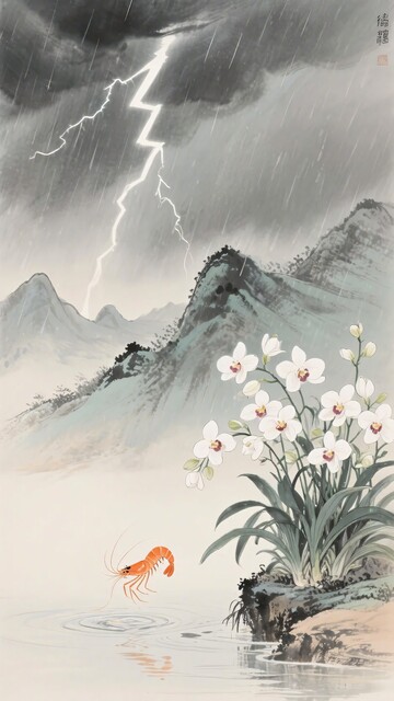 水墨山水雷电兰花虾景图406