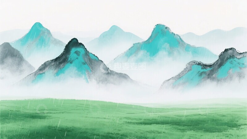 高清大图下载【趣麦麦图】-水墨风格青绿山水图景019