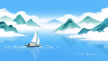 海上帆船与远山风景插画870