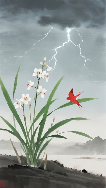 雷电下飞燕伴兰花景象681