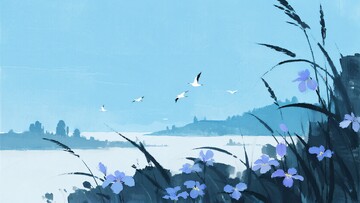 湖畔花草飞鸟风景插画577