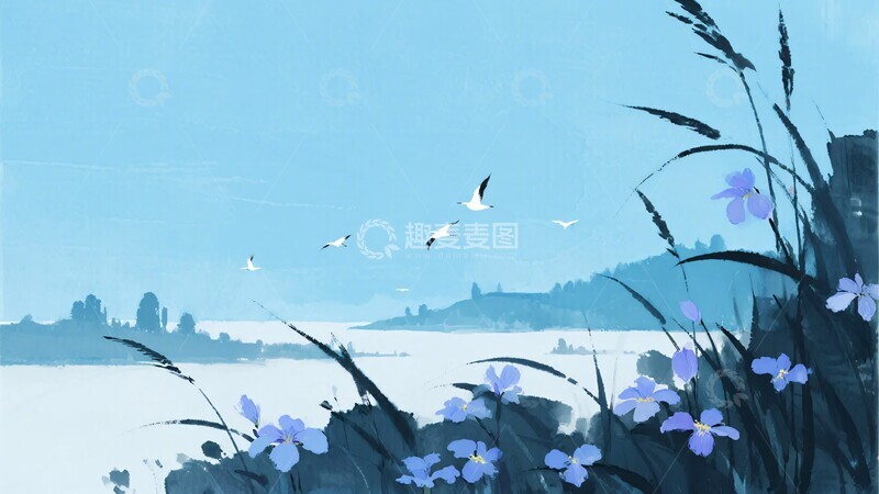 高清大图下载【趣麦麦图】-湖畔花草飞鸟风景插画577