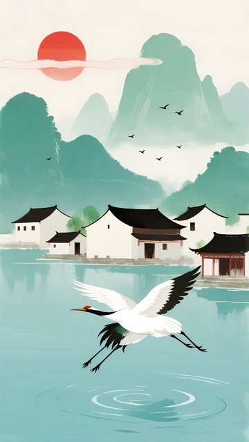 水墨风仙鹤山水村落图景059