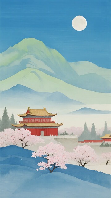 古风月夜宫殿樱花美景图272