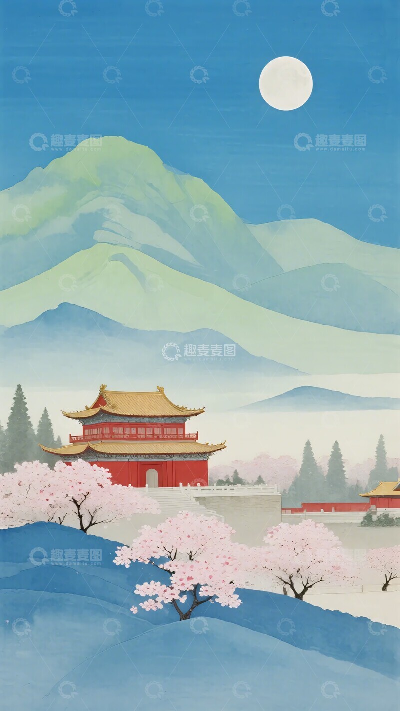 高清大图下载【趣麦麦图】-古风月夜宫殿樱花美景图272