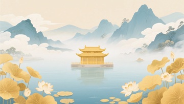 中式山水间的金色亭阁美景055