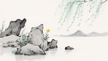 水墨风格山水石头花草图903