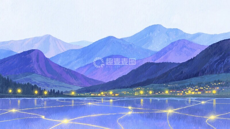高清大图下载【趣麦麦图】-梦幻山水夜景插画958