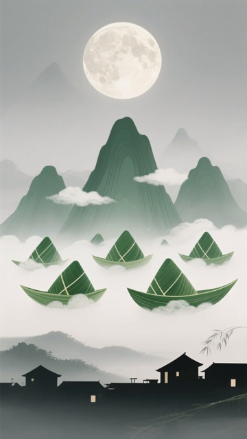 月夜下的山水与粽形船只288