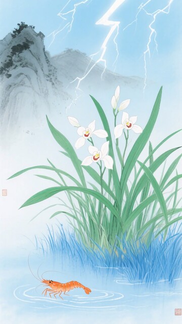山水间兰花与游鱼插画371