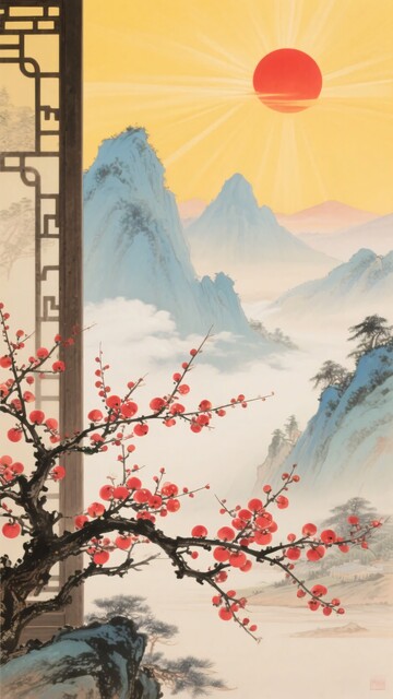 中式山水红梅朝阳图景128