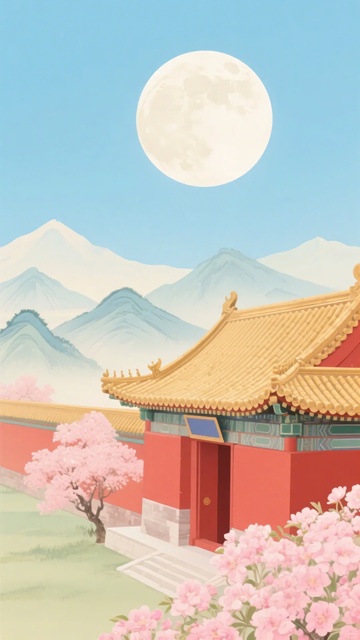 古风月下宫殿与繁花景致032