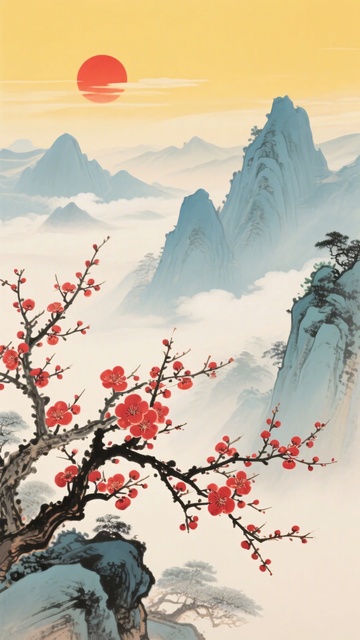 红梅映日山水国画景象015