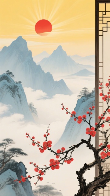 中式山水红梅日出景象505