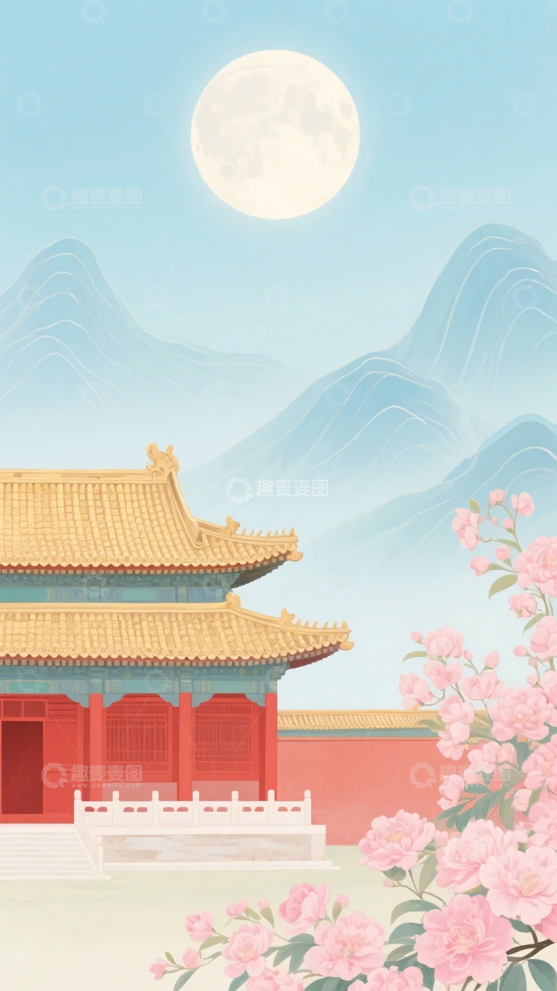 高清大图下载【趣麦麦图】-古风月下宫殿与繁花景致755
