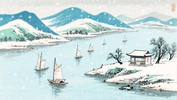 冬日江景帆船水墨画368