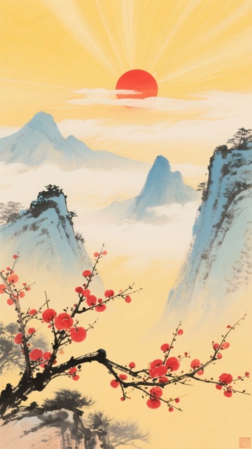 日出红梅山水国画585