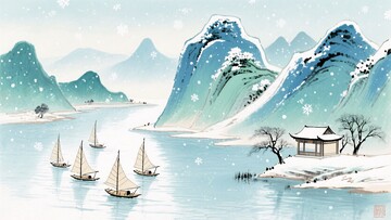 冬日山水帆船雪景图255