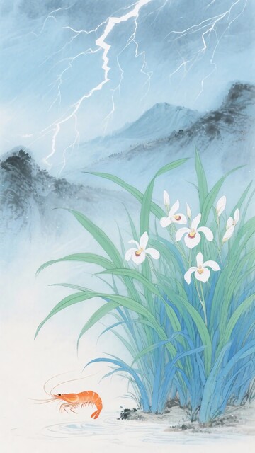 雷雨下的花草与虾258