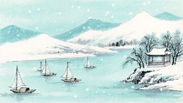 冬日江景帆船雪景图733