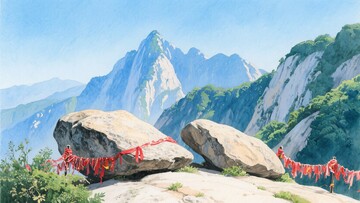 山间巨石系红绸的自然美景772