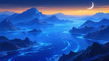 梦幻蓝色山川月夜美景513