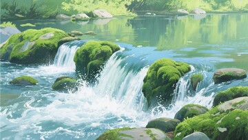 山间溪流瀑布风景插画918