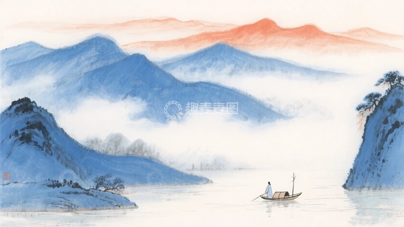 高清大图下载【趣麦麦图】-山水间孤舟写意画986