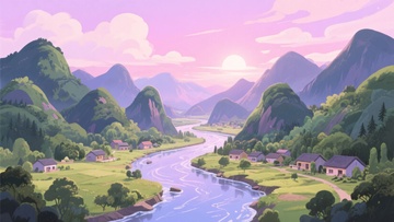 山间河畔的美丽村落风景379