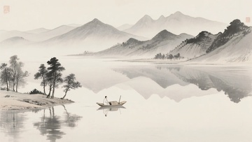 水墨山水湖面行舟图032