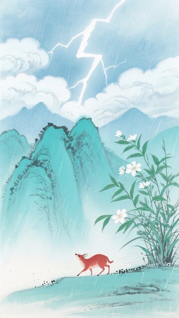 山间闪电下的红狐插画968