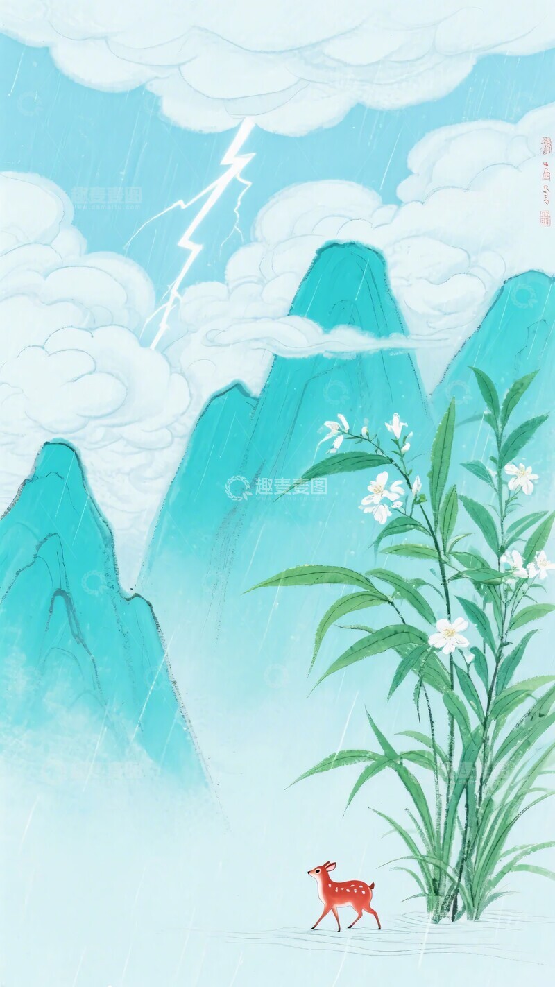 高清大图下载【趣麦麦图】-山水间的小鹿与花草景象403