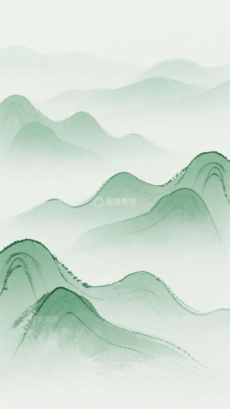 高清大图下载【趣麦麦图】-水墨风格的青绿群山插画653
